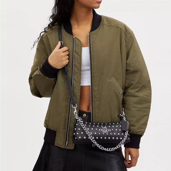 NWT COACH Charlotte Leather Shoulder Bag With Rivets Silver/Black Crossbody - Picture 4 of 9